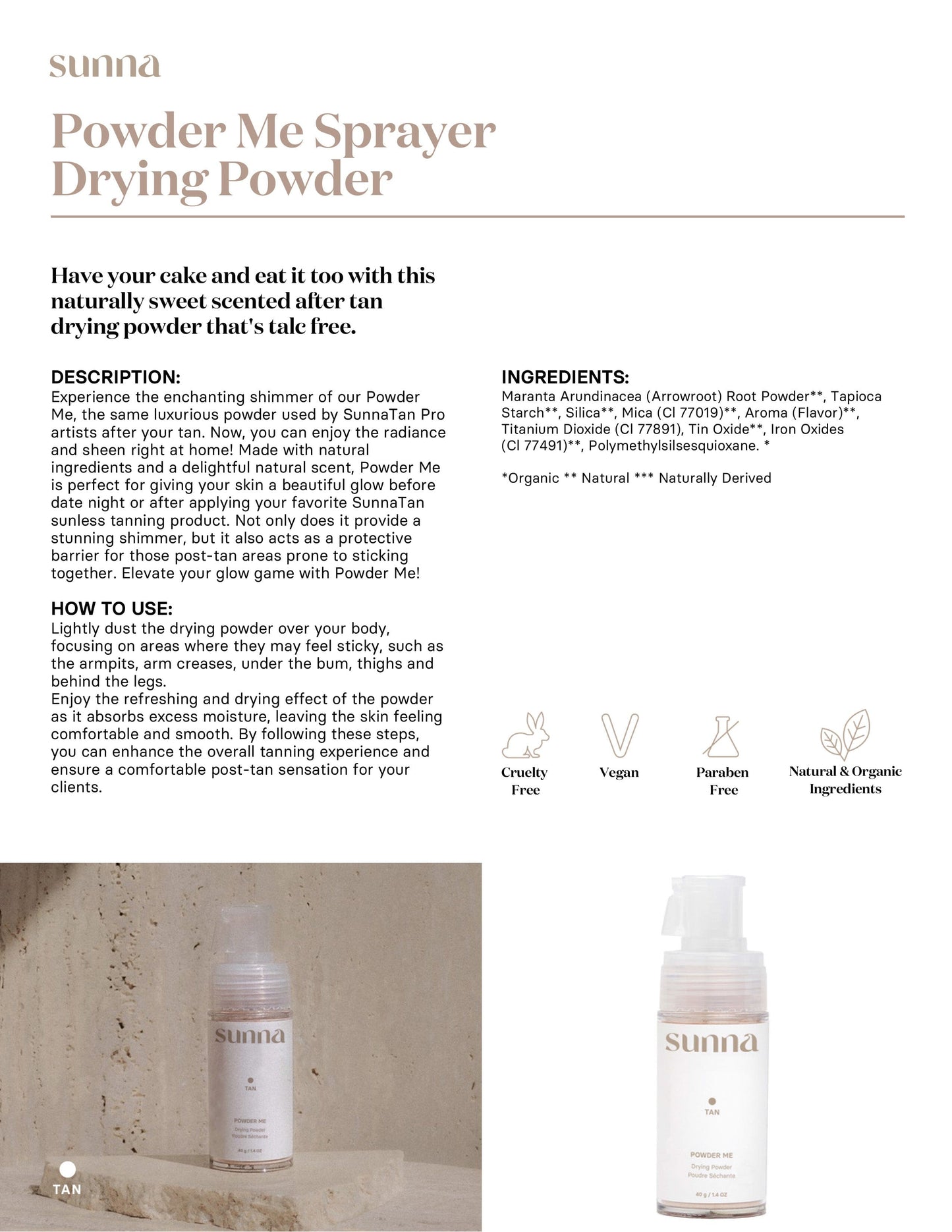 Sunna Tan Powder Me Drying Powder 1.4 oz. Spray Tanning Product Sunna Tan