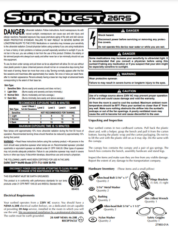 Sunquest 26 RS Tanning Bed Manual