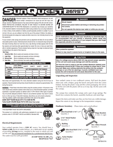 Sunquest 26 RST Tanning Bed Manual