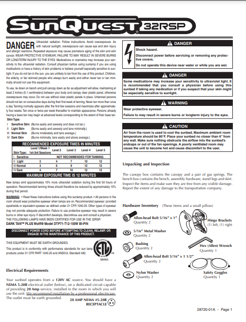 Sunquest 32 RSP Tanning Bed Manual