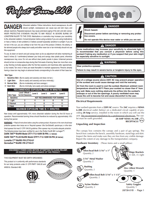 Perfect Sun 26C Tanning Bed Manual