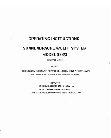 Sonnen Braune Wolff System 838.3 Tanning Bed Manual