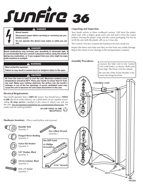 Sunfire 36 Pro Booth Tanning Bed Manual
