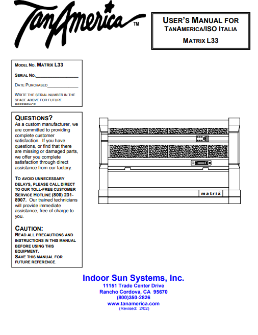 Tan America Matrix L33 Tanning Bed Manual