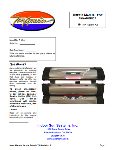 Tan America Matrix Solarix X2 Tanning Bed Manual