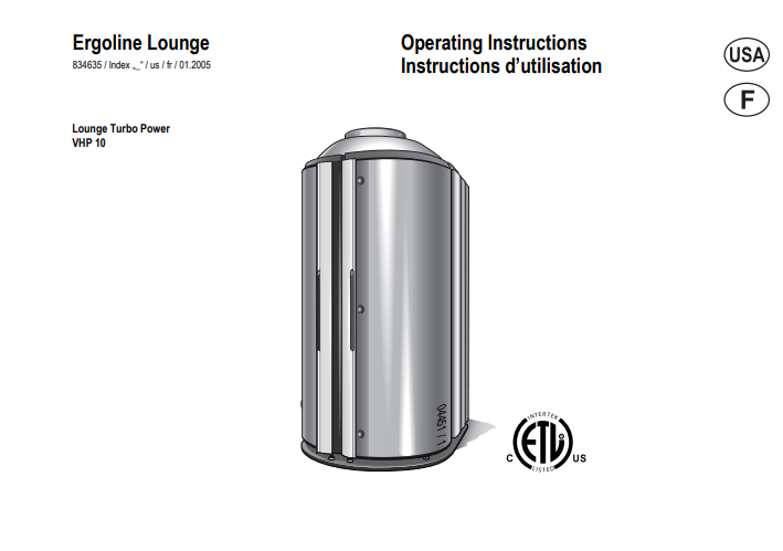 Ergoline Lounge Series Turbo Power VHP 10 Tanning Bed Manual