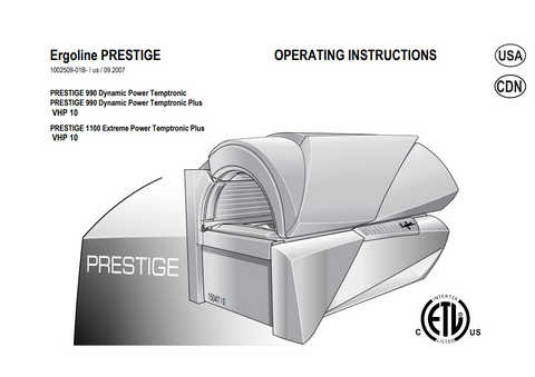 Ergoline Prestige Series 1100 Extreme Power Plus VHP 10 Tanning Manual