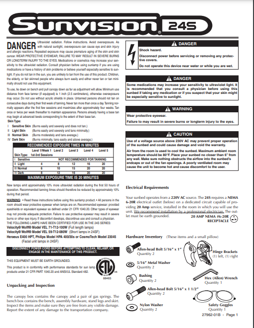 Sunvision 24S Tanning Bed Manual