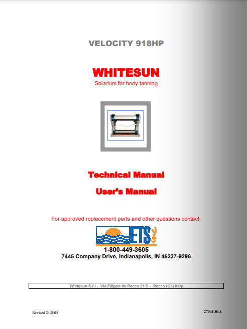 Solarium Whitesun Velocity 918 HP Tanning Bed Manual