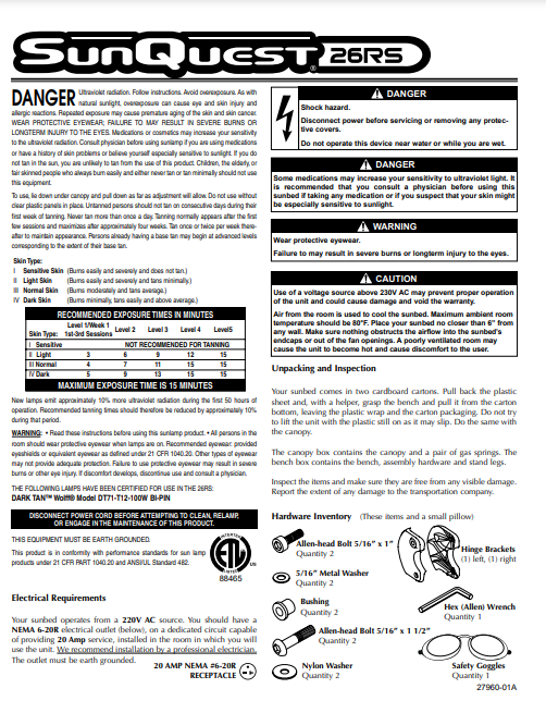 Sunquest 26 RS Tanning Bed Manual