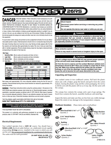 ETS Sunquest 26 RS Tanning Bed Manual