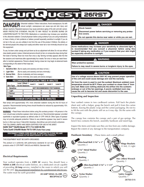 Sunquest 26 RST Tanning Bed Manual