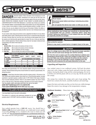 ETS Sunquest 26 RST Tanning Bed Manual