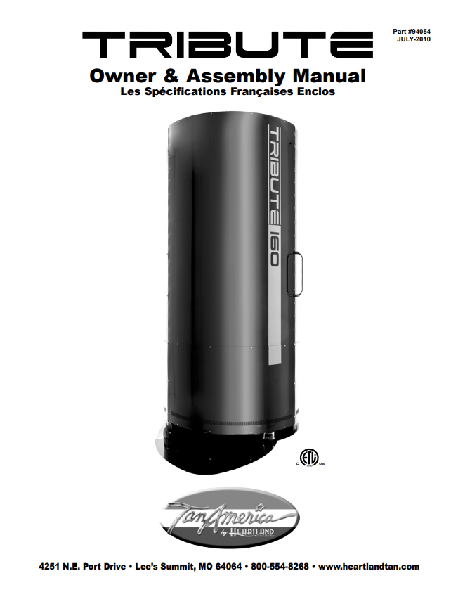 Heartland Tan Tribute 160 Tanning Bed Manual