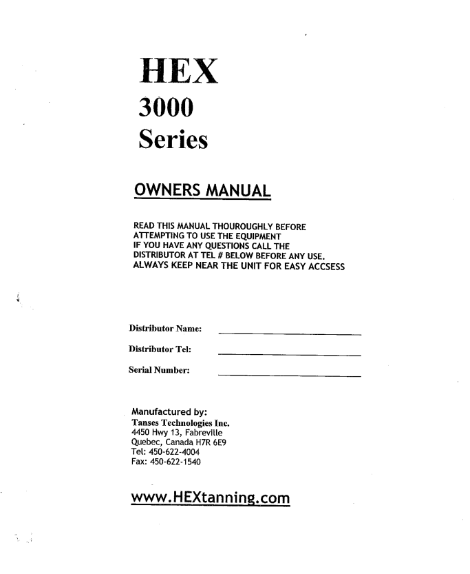Hex 3000 Series 12-25 Min Tanning Bed Manual