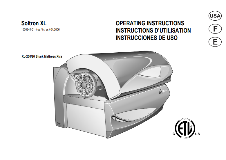Soltron XL-200/20 Shark Mattress XTRA Tanning Bed Manual
