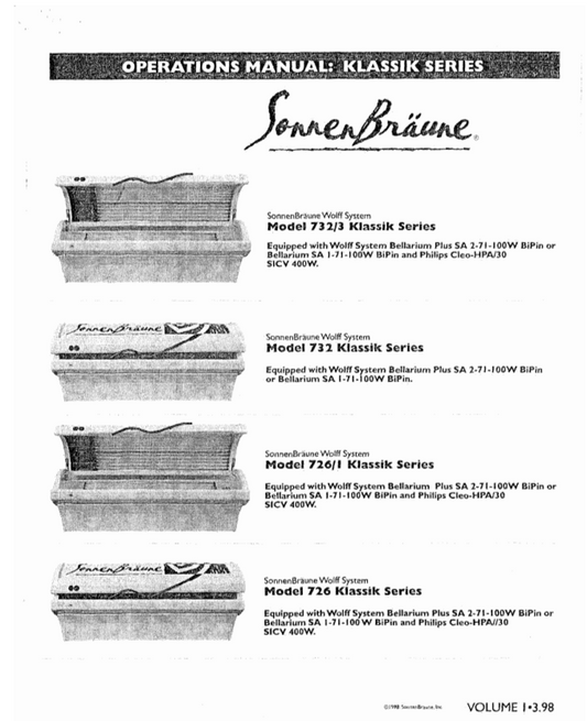 SONNEN BRAUNE WOLFF SYSTEM KLASSIK SERIES MODEL 732-3, MODEL 732, MODEL 726-1, AND MODEL 726 MANUAL
