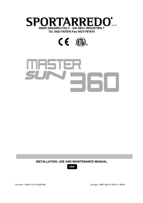 Sportarredo Master Sun 360 Tanning Bed Manual