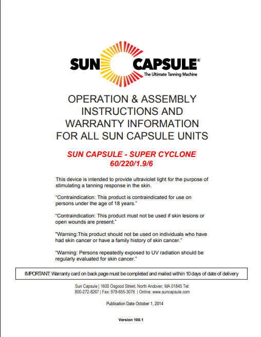 Sun Capsule Super Cyclone Tanning Booth Manual