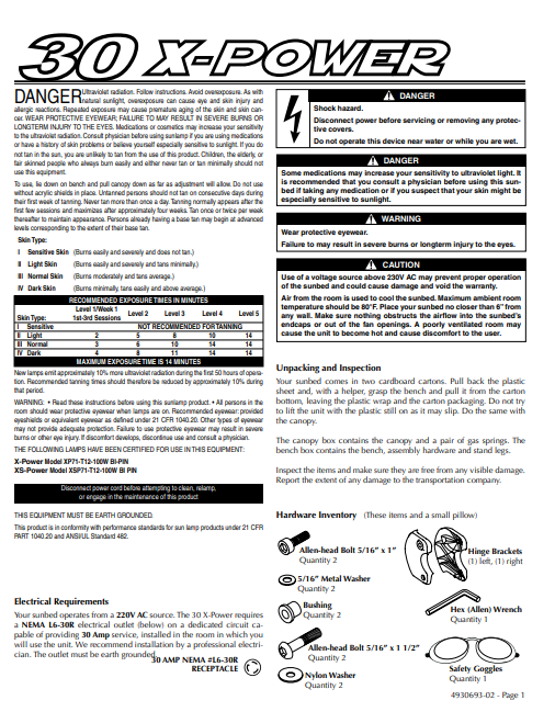 30 X-Power Tanning Bed Manual