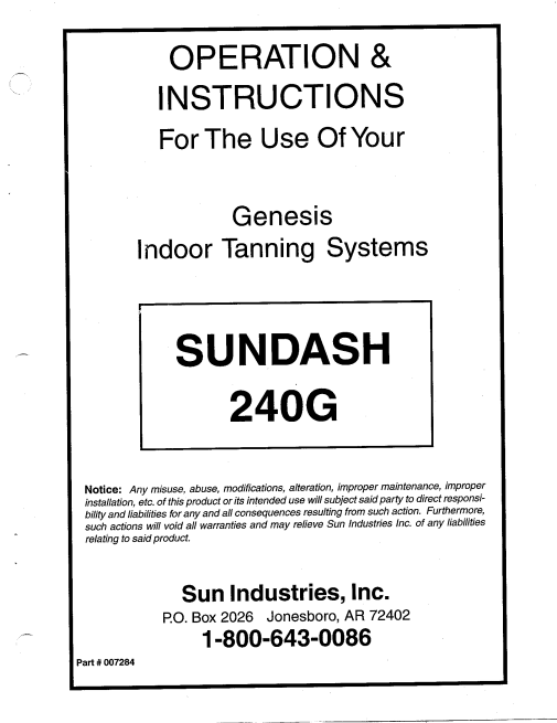 SunDash 240G Tanning Bed Manual